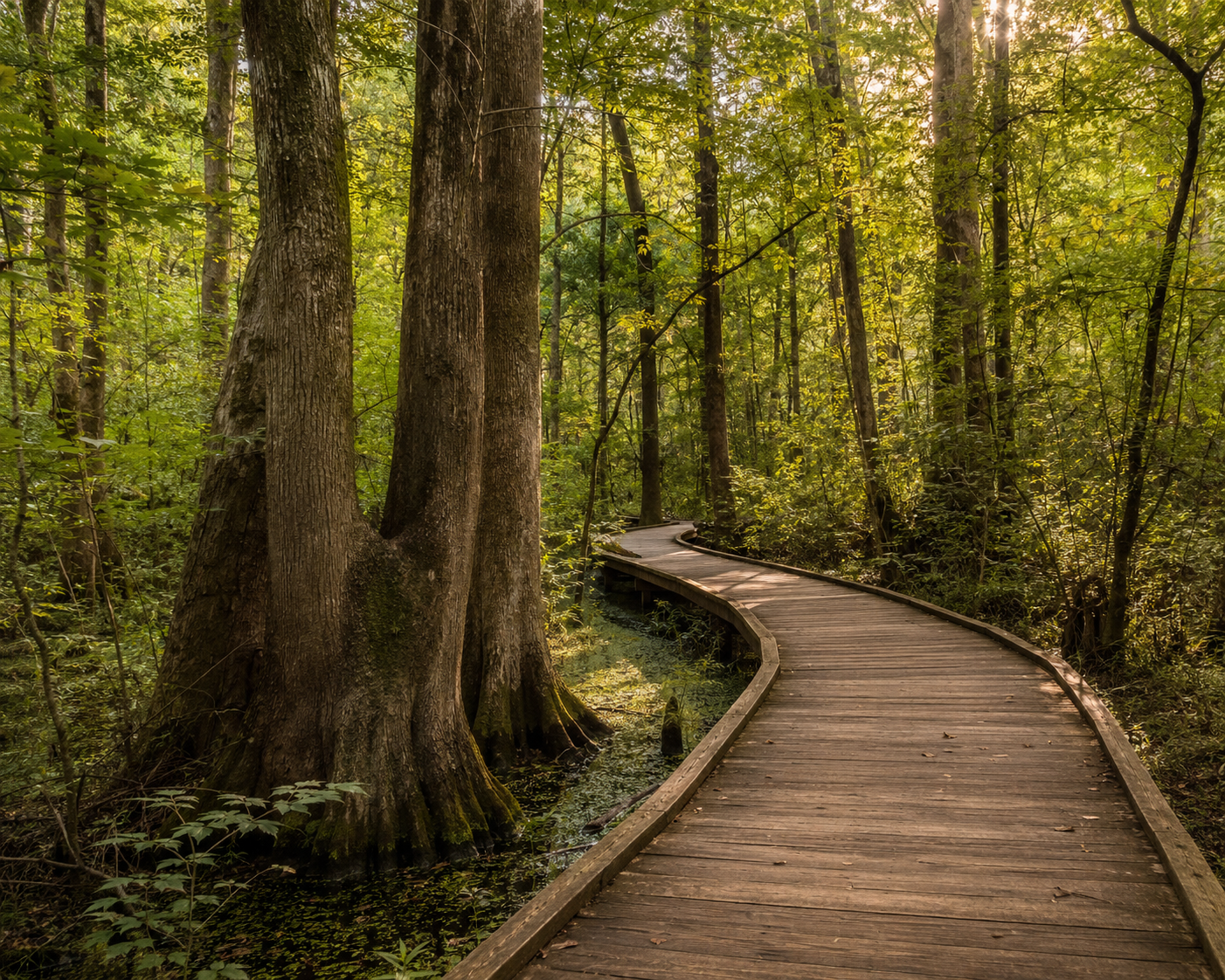 Wooden boardwalk through a cypress forest